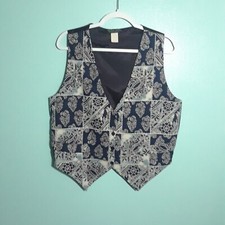 Vintage Patchwork Vest - size Large, Floral Paisley Blue Cotton Cottage stain