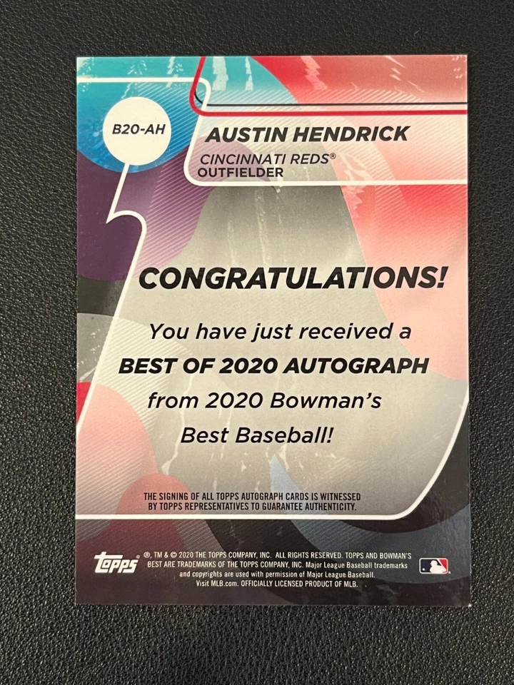 Austin Hendrick 2020 Bowman's Best Auto Atomic Refractor /25 Reds B20-AH - Image 2 of 2