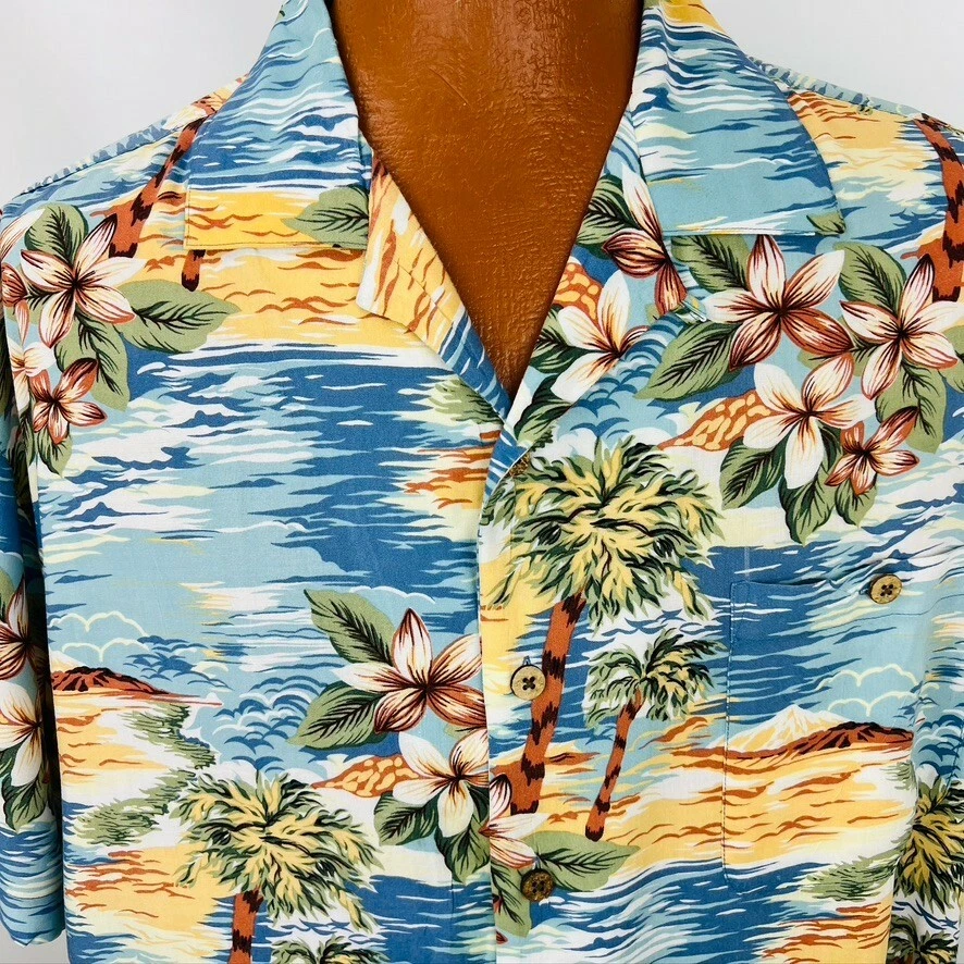 Island Shores Aloha Hawaiian XXL Shirt Palm Trees Ocean Floral Ocean 2XL Tropica