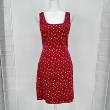 Y2K Express Red Floral Garden Party Sheath Dress Square Neck Back Zip 3/4 Chic