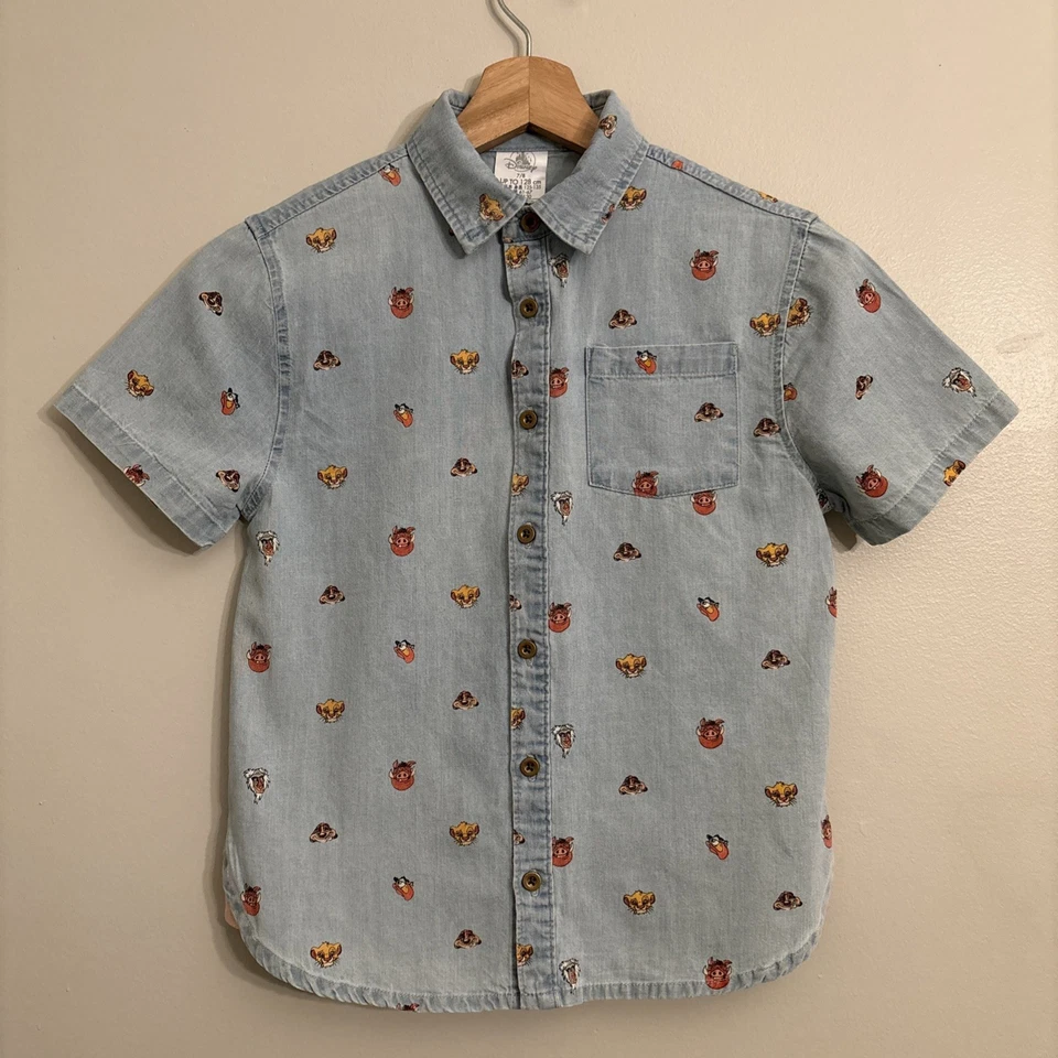 Vtg Disney  Lion King Soft Denim Button Up Shirt Boys Sz  7/8 Timon Pumba - Image 2 of 4