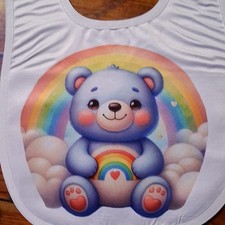 White Baby Bib Bear Rainbow Theme Blue Print Multicolor Hook Loop Closure