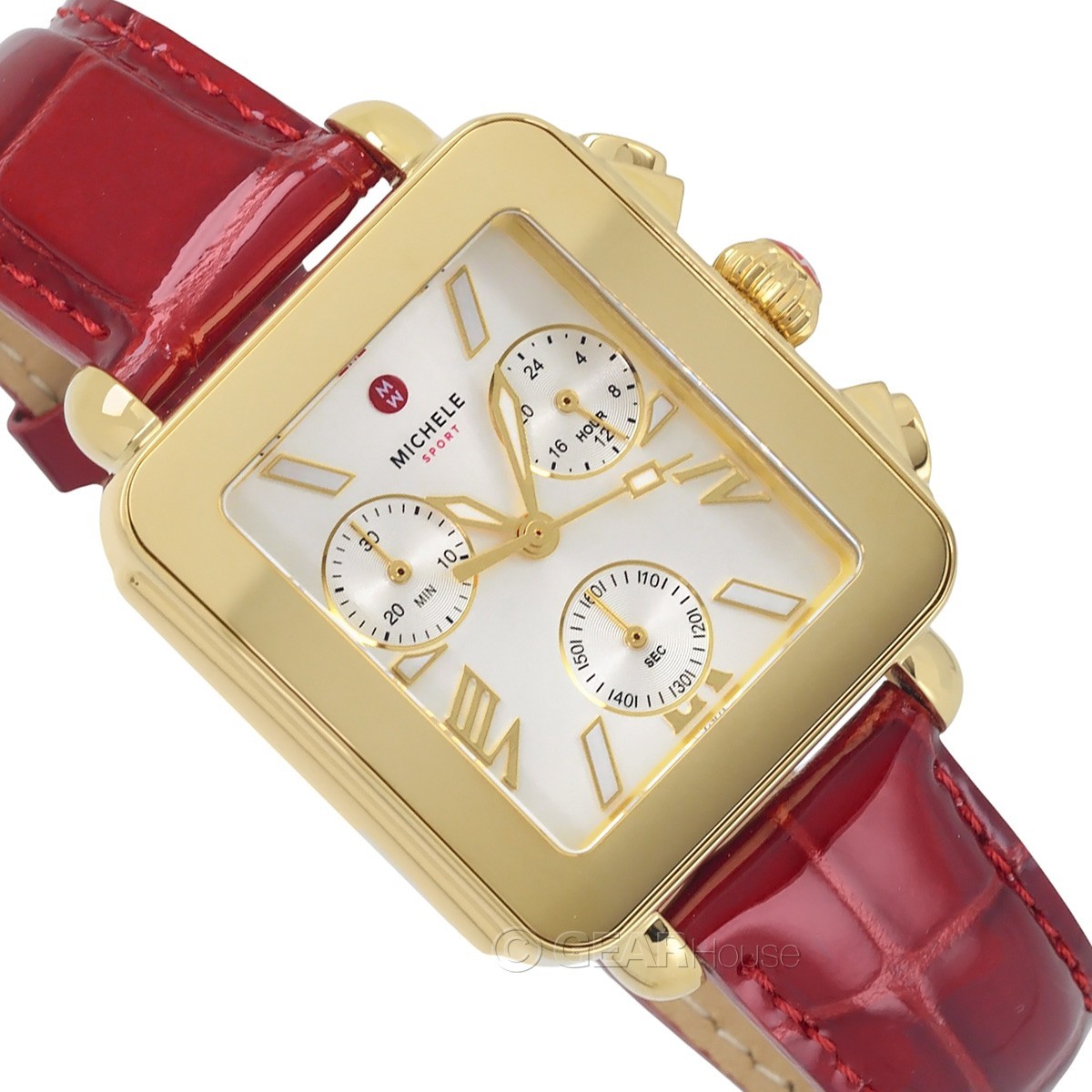 MICHELE Deco Sport Women 18k Gold Plated Watch Chronograph Dial Ruby Red Leather