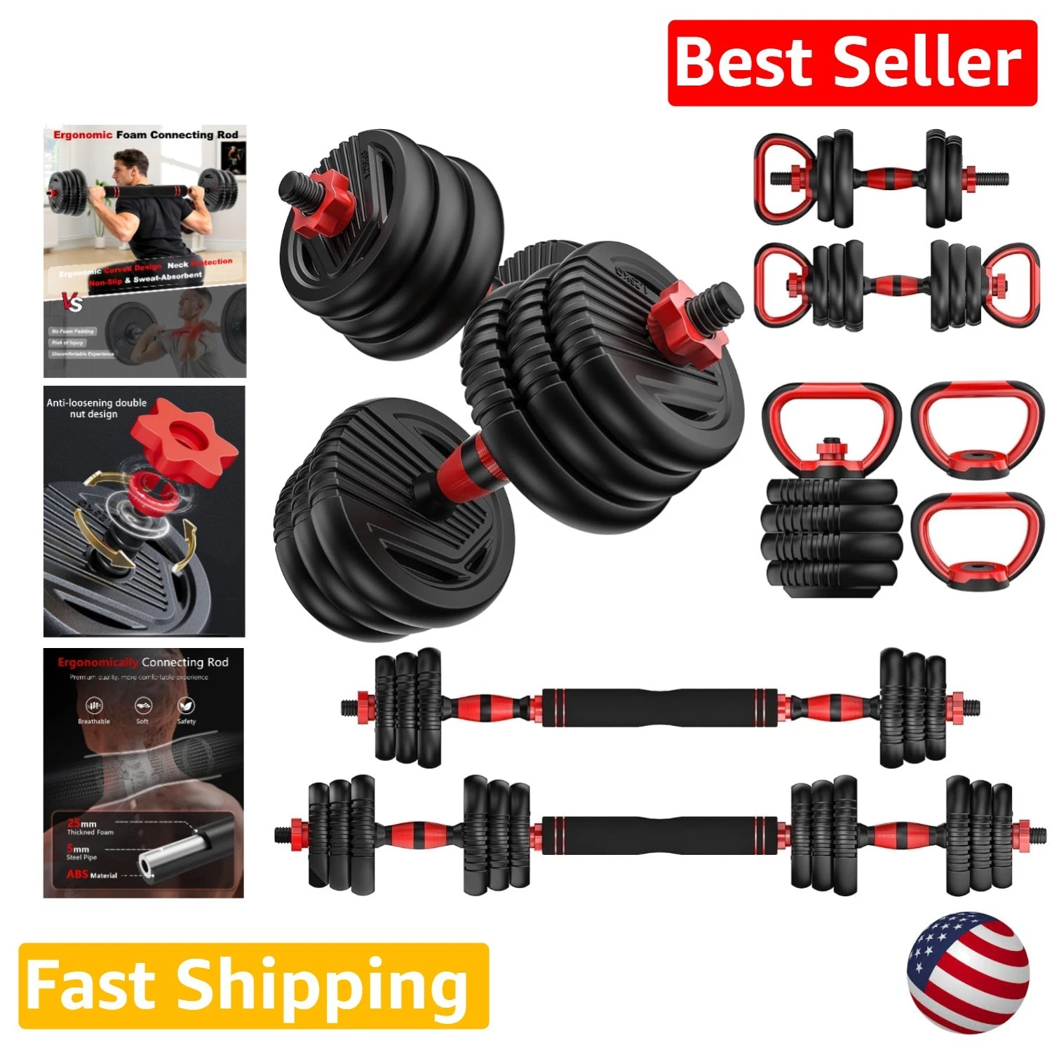 Elite 45lb Adjustable Dumbbells 5-in-1 Barbell Kettlebell Red Steel Home Fitness