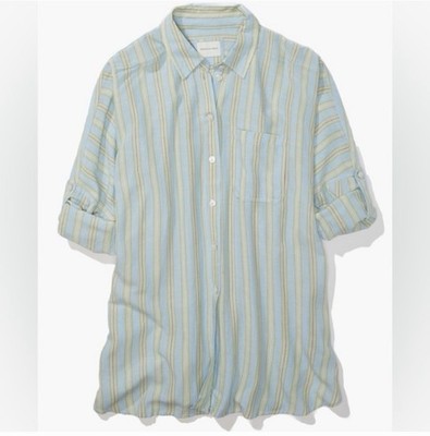 NEW America Eagle Go Big oversized button up shirt cover-up pool to party blue L