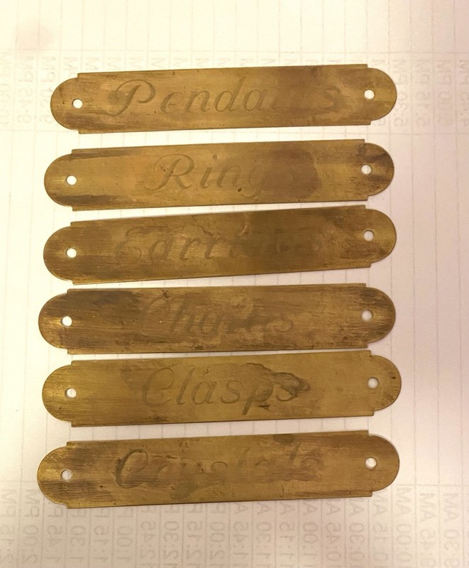 Antique Engraved Brass Label Plate Lot Crystals Pendants Rings Earrings Clasps