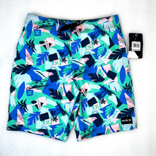 NWT Hurley Board Shorts Boys Sz 10/25 Swim Trunks Blue Tropical Palm Tree AOP