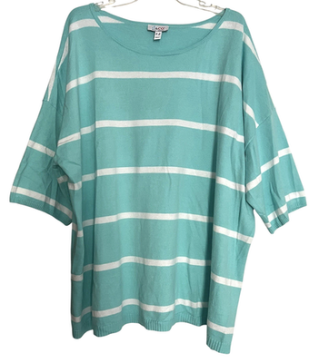 #ad Denim amp; Co Top Size 3X Aqua Blue White Stripe Drop Shoulder Stretchy Tunic QVC $26.00