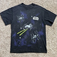Vintage 90  s Star Wars All Over Print Movie Graphic T-Shirt Men Size L Black AOP