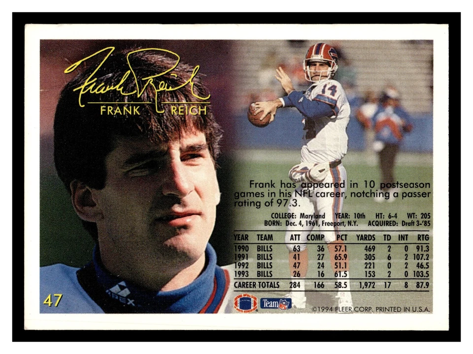 Frank Reich #47 1994 Fleer Buffalo Bills - Image 2 of 2