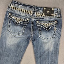 Miss Me Jeans Womens 28x30 Blue Low Rise Bootcut Sequin Rhinestone Pockets Denim