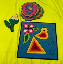 Huichol Art Yarn Painting & Coaster Mexican Art Puerto Vallarta Tepic Bird
