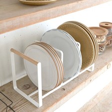 .Dish Plate Storage Rack 3 Compartments Wooden Handle Iron Wire Pot Lid Bowl