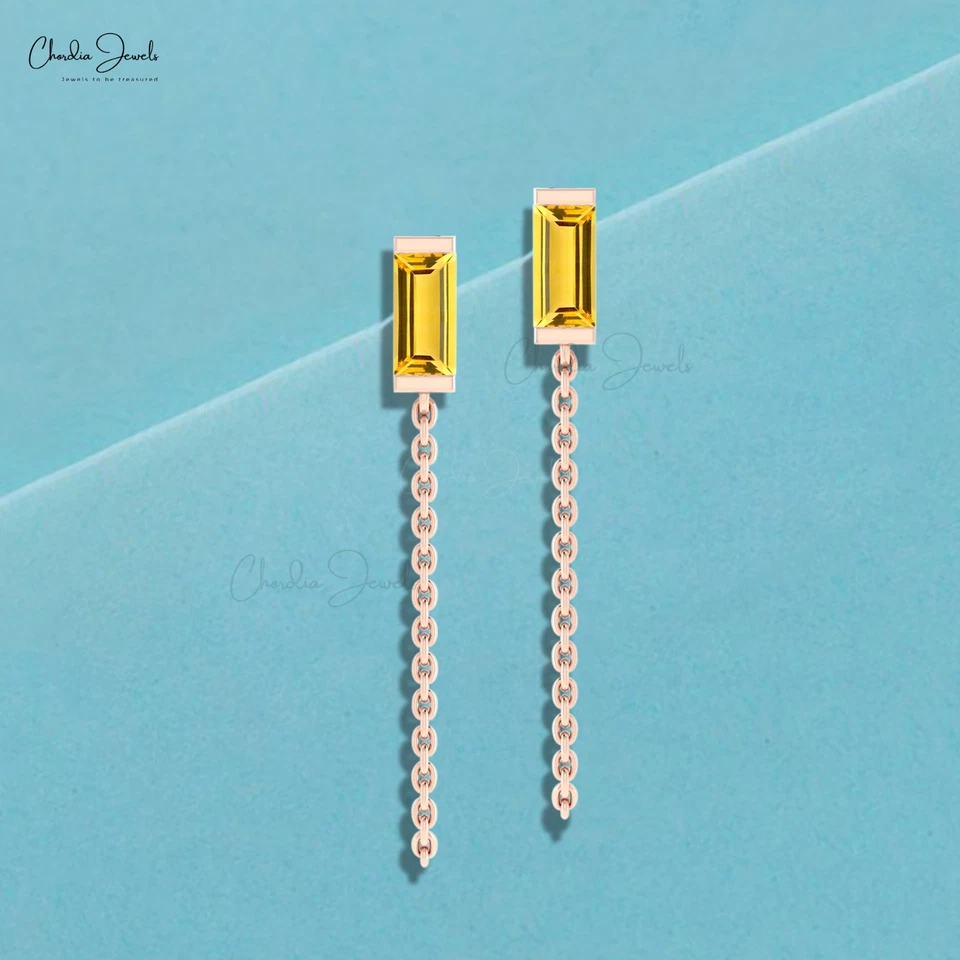 Natural 6X3mm Citrine 14k Gold Threader Earring Delicate Chain Earring For Women - Image 2 of 4