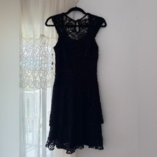 Vintage Elegant Black All Lace Midi Dress Scalloped Lace Back Tiers Layers Lined