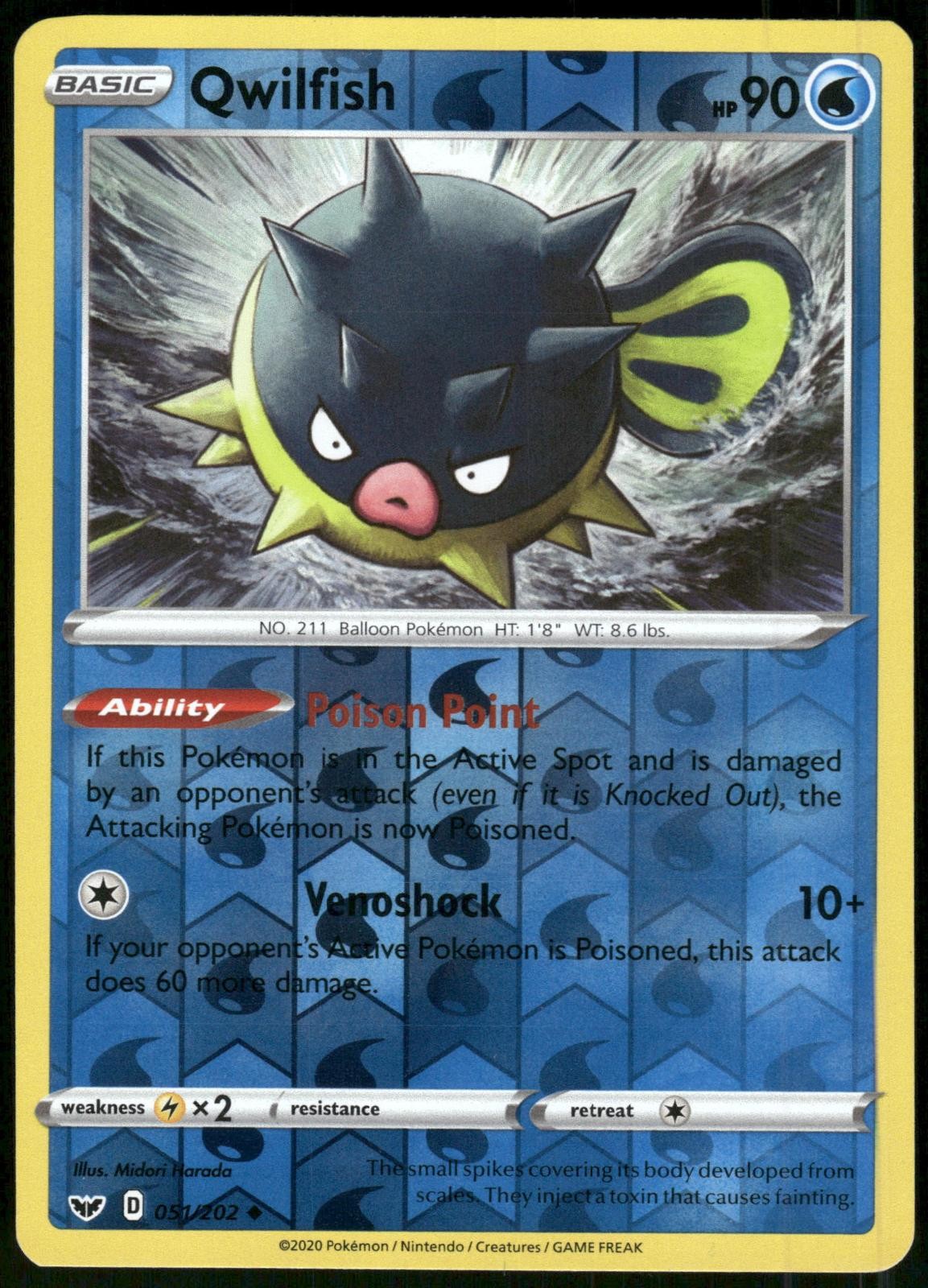 Qwilfish 051/202 Reverse Holo Sword & Shield Pokemon Card 2020 Near Mint