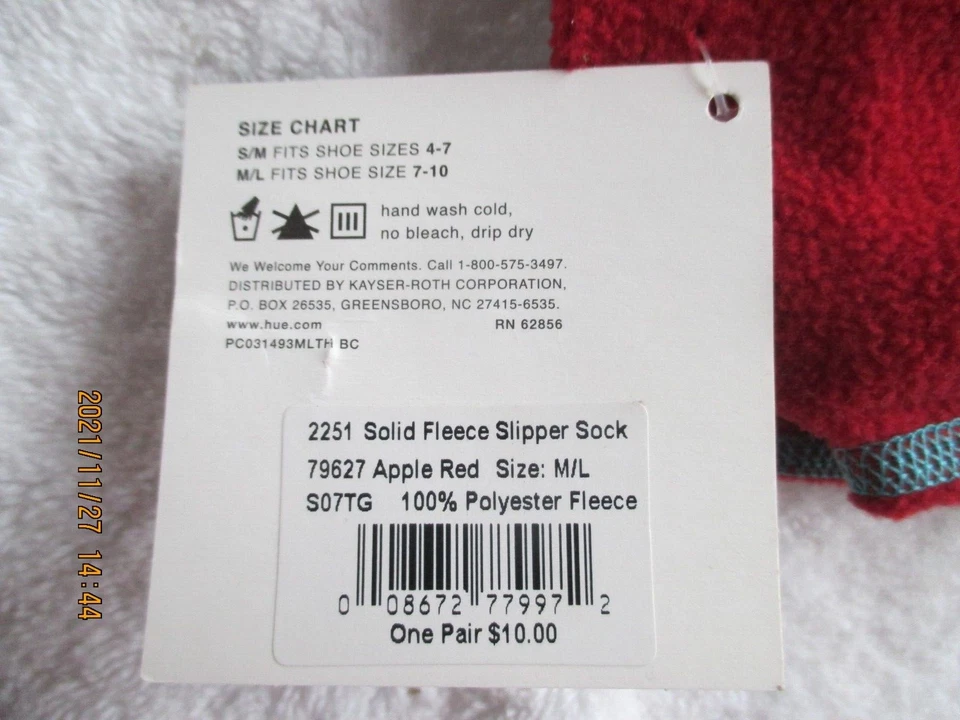 HUE SLIP'rSOX 1 Par Sólido Vellón Zapatilla Calcetín Rojo M/L Se Ajusta a Zapato Talla 7-10 Nuevo Foto 4 de 4