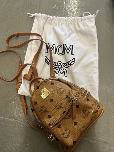 MCM STARK Side Stud Backpack Visetos Mini Cognac Leather Logo Metal Plate