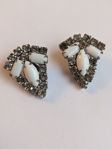 Vintage White And Crystal Art Deco Earrings