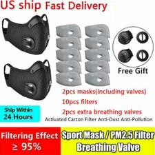2PCS Cycling Face Mask With 10PCS Active Carbon Filter Breathing Valves Reusable