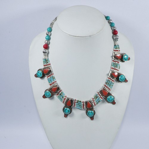 Green Turquoise Coral Beaded Beautiful handcrafted choker necklace jewelry N30 - Imagen 7 de 7