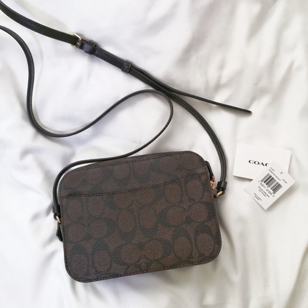 COACH ビジネスバッグ ダークグレー/ブラウン New COACH MINI CAMERA BAG IN SIGNATURE CANVAS BROWN BLACK 91677