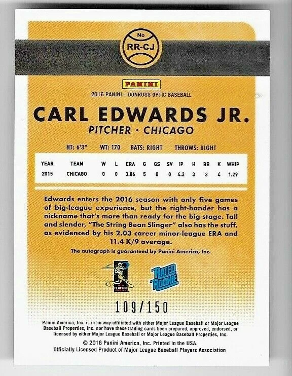 2016 Panini Optic Carl Edwards jr Rookie Rated Autographed Baseball Card 109/150 - Image 2 of 3