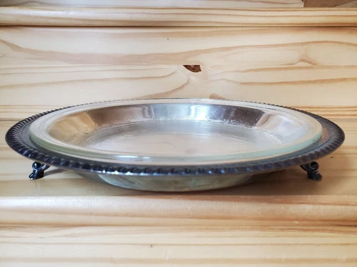 Vintage Pyrex Glass 11 Inch Pie Dish + WM Rogers 858 Silver Plated Serving Tray