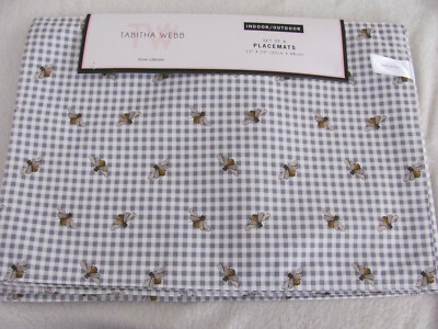 Tabitha Webb-Vintage Bee & Gingham-Gray & White- Set of 4 Placemats-13 x 19-New 