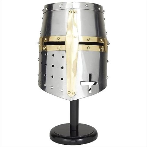 Casque De Chevalier Templier Croisé Moyen Âge En Acier - Reproduction Avec Support Bois
