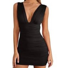BLACK DRESS V NECK BODYCON PLEATED GRASS COLLECTION Size 13