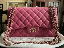 Authentic Chanel Classic Double Flap Quilted Lambskin Leather Jumbo Pink Bag
