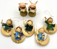 Vintage Angel Ornaments Plastic Set 7 Crescent Moon Angels Christmas 1970s READ