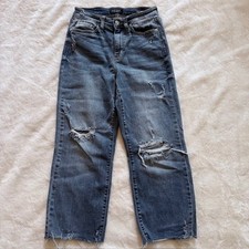 Judy Blue High Waist Distressed Wide Leg Jeans Medium Wash Raw Hem Size 3/26