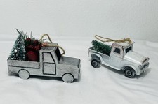 Lot of 2 METAL PICKUP TRUCK ORNAMENTS Merry Christmas 5" Long