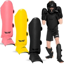 Elite Sports Kids Muay Thai MMA Shin Guards for Ages 4-8, Instep Guard Black Med