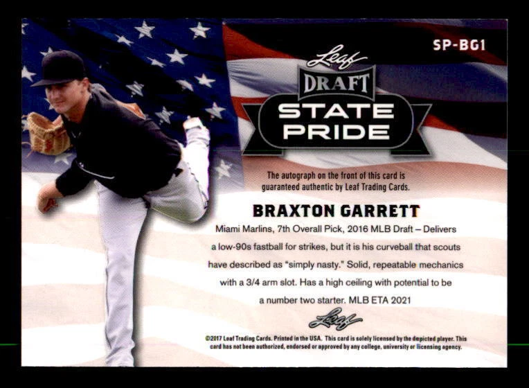 2017 Leaf Metal Draft State Pride #SPBG1 Braxton Garrett Marlins Auto (rf 30527) - Image 2 of 2