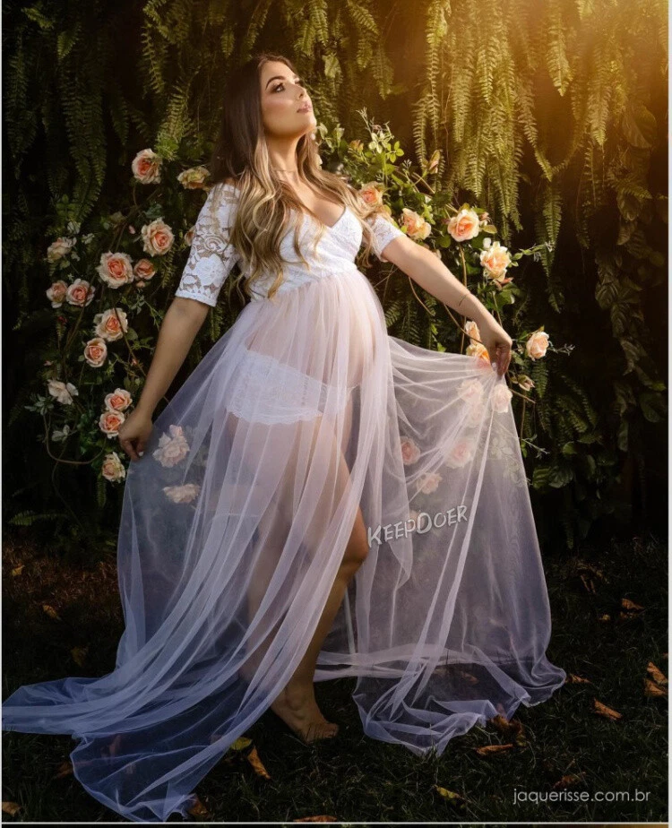 Pregnant Women Dress Maternity Short Sleeve Lace Sexy Gown Skirt For Photo Shoot - Image 4 of 4