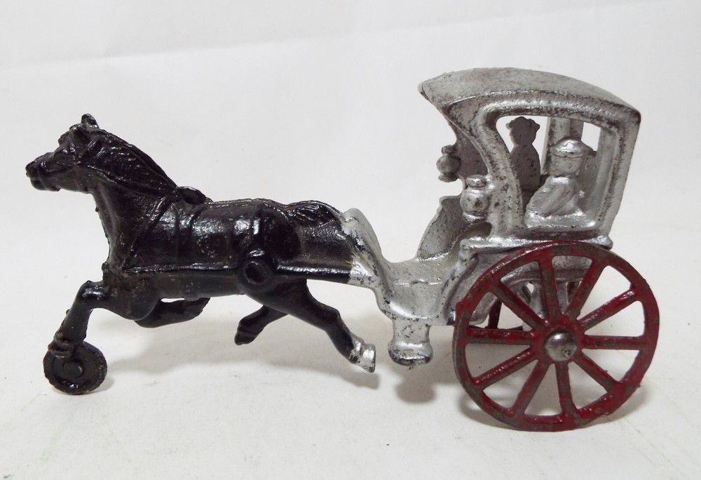 Old Antique CAST IRON Single HORSE DRAWN WAGON CARRIAGE TOY Black Horse