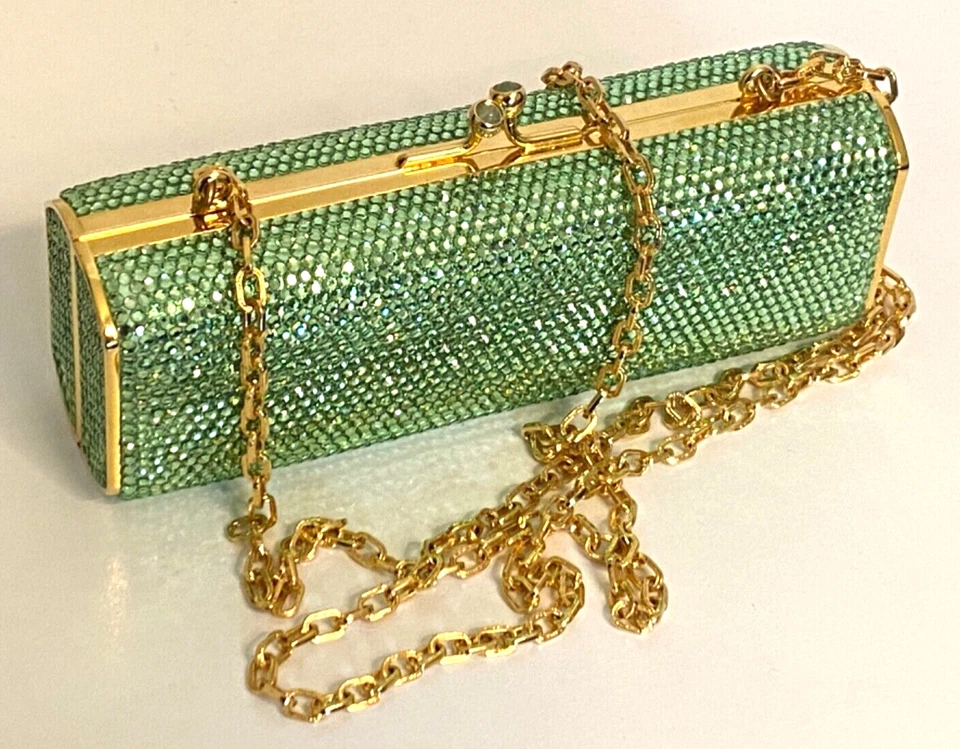JUDITH LEIBER New York Jade Green Crystal Clutch Purse Crossbody Minaudière Gold