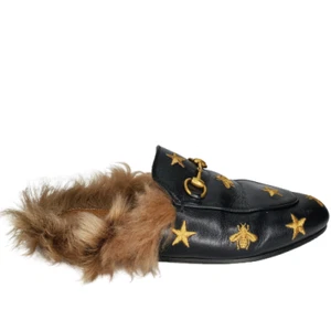 Mocassins femme Gucci Princetown Horsebit fourrure brodée mules noir EU 37 US 7