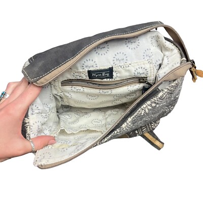 Myra Bag Handmade Stygian Backpack Upcycled Canvas & Cowhide  display picture 1