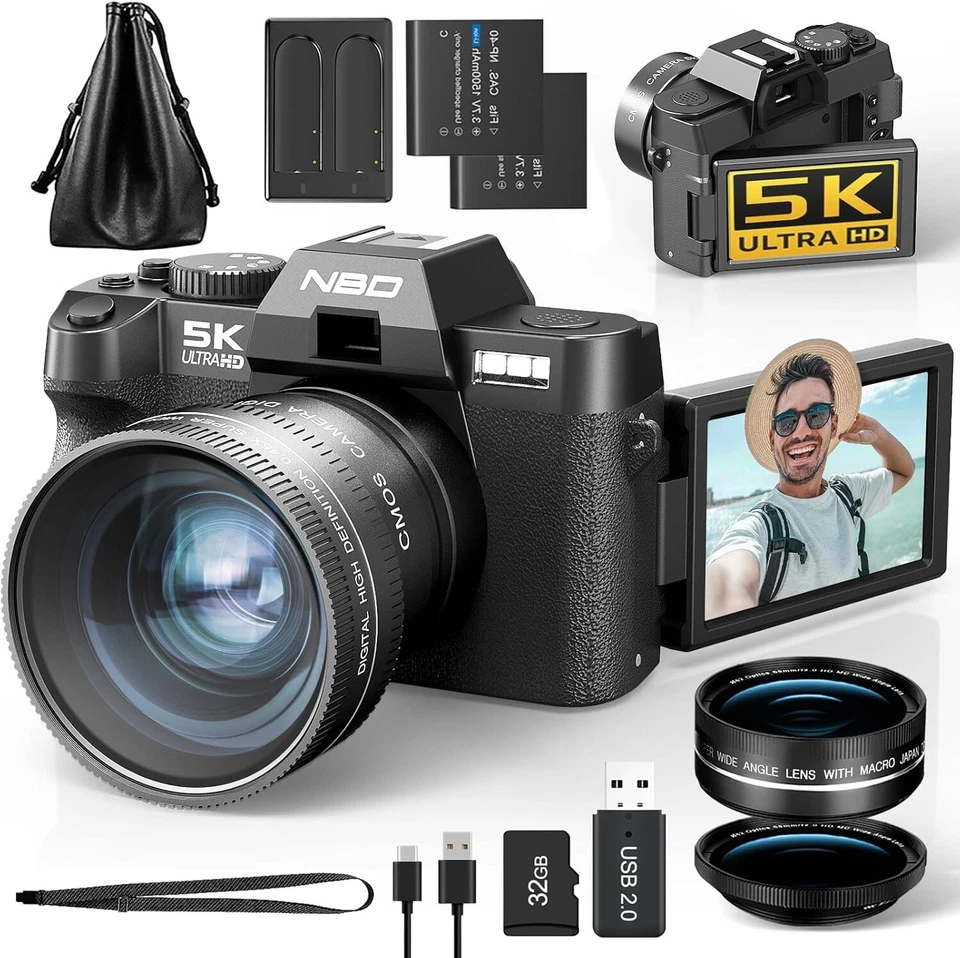 NBD Digital Camera 5K 48MP 16X Autofocus 64GB TF W/ Wide Angle and Macro Lens