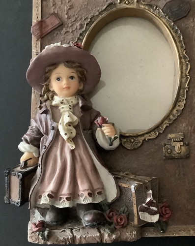 antique oval picture frame metal Girl W/Rose & Suitcase - Picture 2 of 6