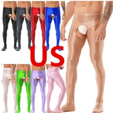 Men Pantyhose Glossy Shiny Silky Crotchless Footed Tights Stockings Underwear