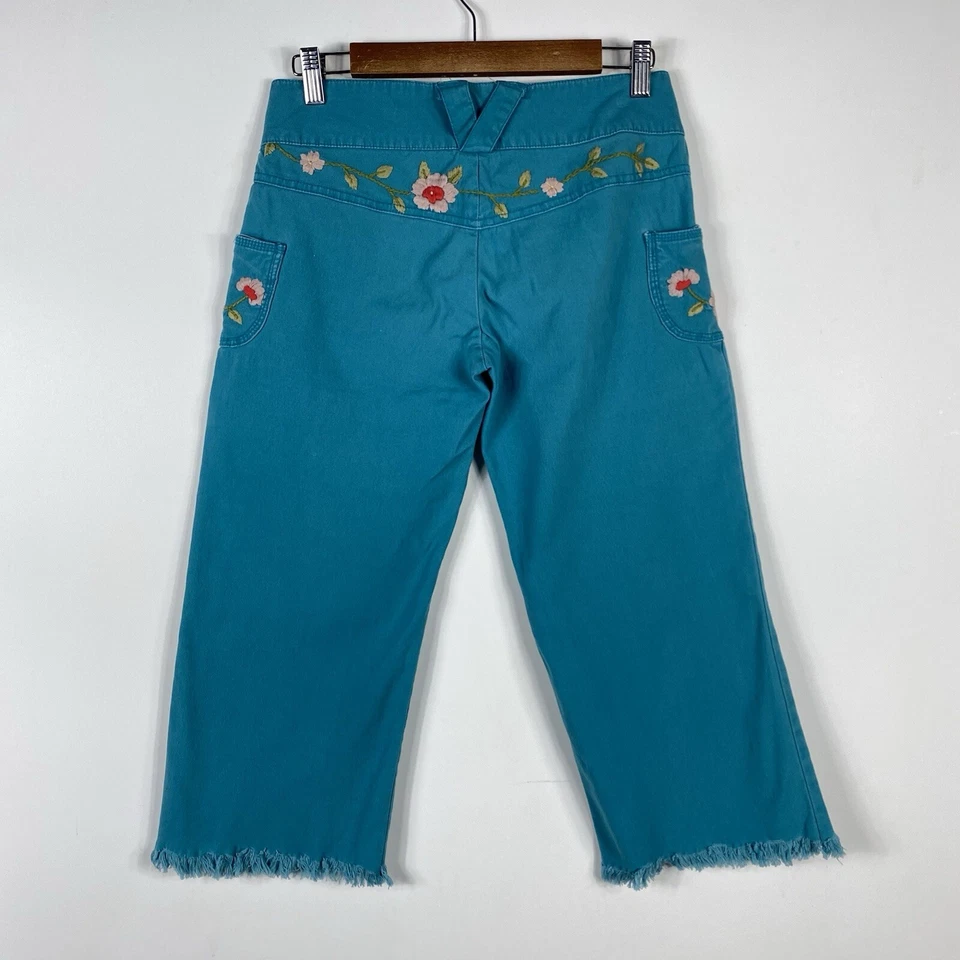 Pantalones capri de tul talla 2 Y2K bordados dobladillo deshilachado azul mezcla de algodón Foto 2 de 4