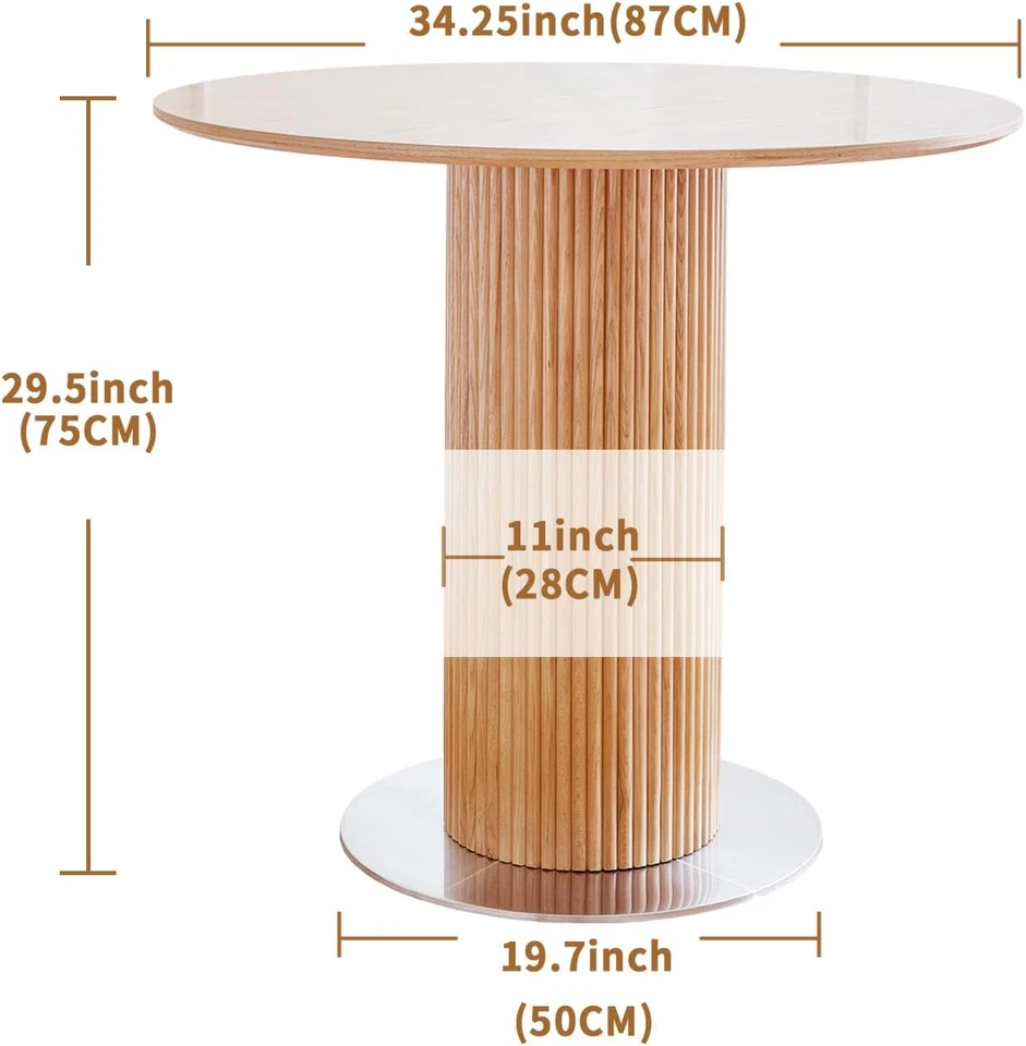 Mesa de comedor redonda de madera, base de pedestal de caballete de madera en placa de acero inoxidable, pequeña Foto 3 de 4