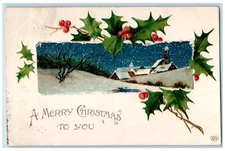 Christmas Postcard Holly Berries Snowfall Winter Houses Church Embossed c1910's