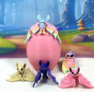 5pcs 3D Printed Mini Bats with Egg, Colorful Articulated Mini Bats Fidget Toys