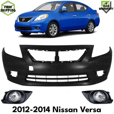 Front Bumper Cover Primed Plastic & Fog Lights Kit For 2012-2014 Nissan Versa